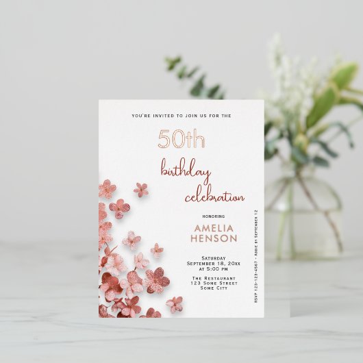 Roze Glitter Bloemen Bloemen 50ste Verjaardag Folie Uitnodiging Briefkaart (Staand Voorkant)