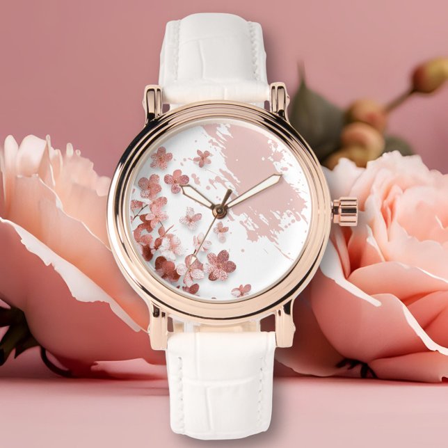 Roze Glitter Bloemen Bloemen Bloemen Borstelstreek Horloge (Creator heeft geüpload)