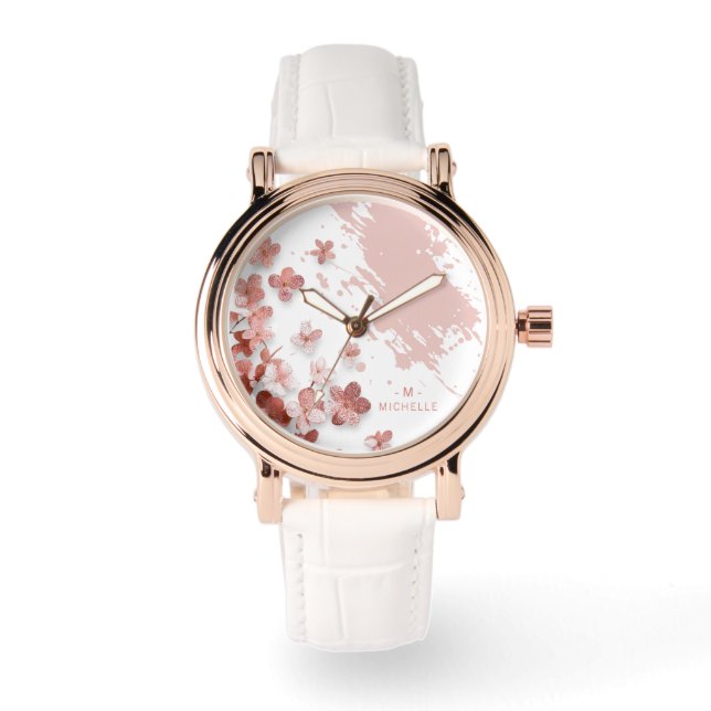 Roze Glitter Bloemen Bloemen Borstelstreek Monogra Horloge (Voorkant)