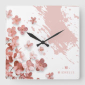 Roze Glitter Bloemen Bloemen Borstelstreek Monogra Vierkante Klok (Voorkant)