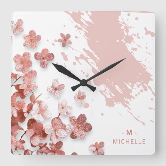 Roze Glitter Bloemen Bloemen Borstelstreek Monogra Vierkante Klok (Voorkant)