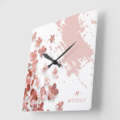 Roze Glitter Bloemen Bloemen Borstelstreek Monogra Vierkante Klok (Hoek)