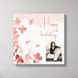 Roze Glitter Bloemen Bloemen Foto 50ste Verjaardag Canvas Afdruk
