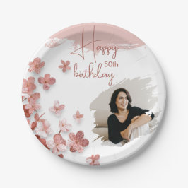 Roze Glitter Bloemen Bloemen Foto 50ste Verjaardag Papieren Bordje