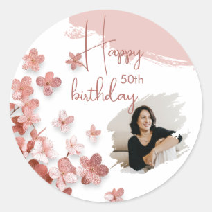 Roze Glitter Bloemen Bloemen Foto 50ste Verjaardag Ronde Sticker