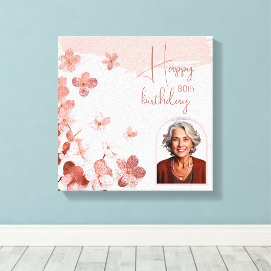 Roze Glitter Bloemen Bloemen Foto 80ste Verjaardag Canvas Afdruk (Insitu (Houten vloer))