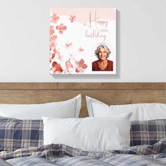 Roze Glitter Bloemen Bloemen Foto 80ste Verjaardag Canvas Afdruk (Insitu (Slaapkamer))