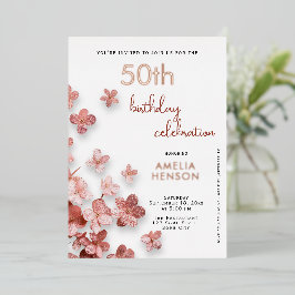  Roze Glitter Bloemen Bloemige 50ste Verjaardag Folie Uitnodiging
