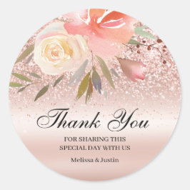 Roze Glitter Bloemen Bruiloft Dank u Ronde Sticker