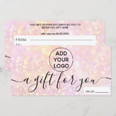 Roze glitter bokeh chic grilylogo gift certificaat (Voorkant / Achterkant)