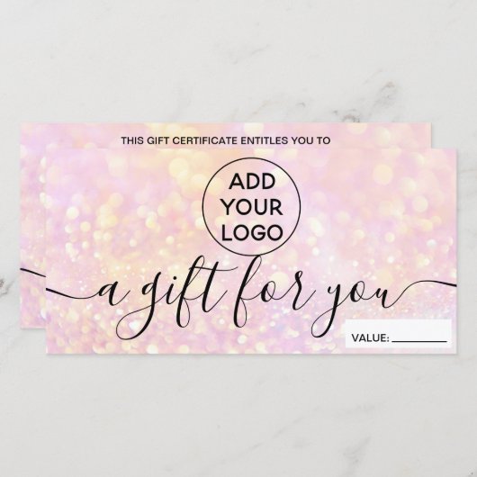 Roze glitter bokeh chic grilylogo gift certificaat (Voorkant / Achterkant)