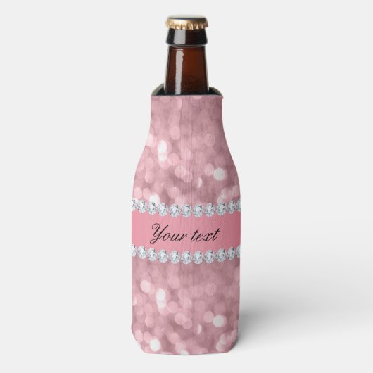 Roze Glitter Bokeh en Diamonds - Gepersonaliseerd Flesjeskoeler (Fles Voorkant)