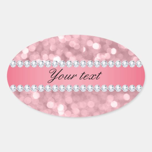 Roze Glitter Bokeh en Diamonds - Gepersonaliseerd Ovale Sticker (Voorkant)