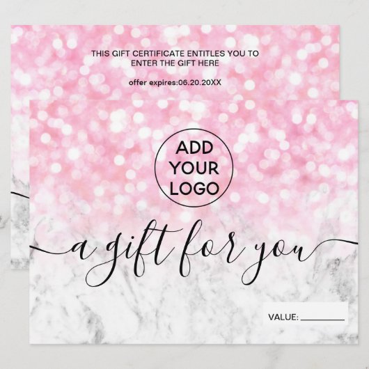 Roze glitter bokeh marmer logo gift certificaat (Voorkant / Achterkant)