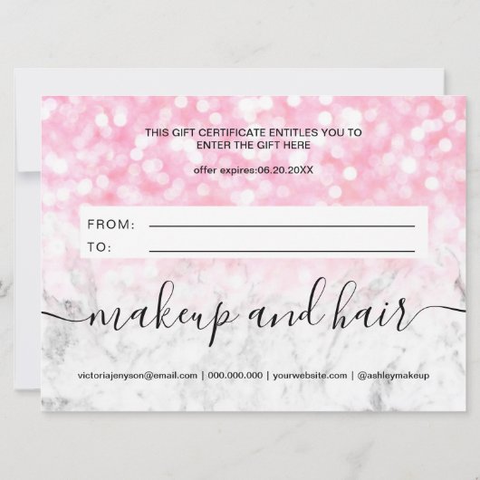 Roze glitter bokeh marmer logo gift certificaat (Achterkant)