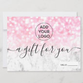 Roze glitter bokeh marmer logo gift certificaat (Voorkant)