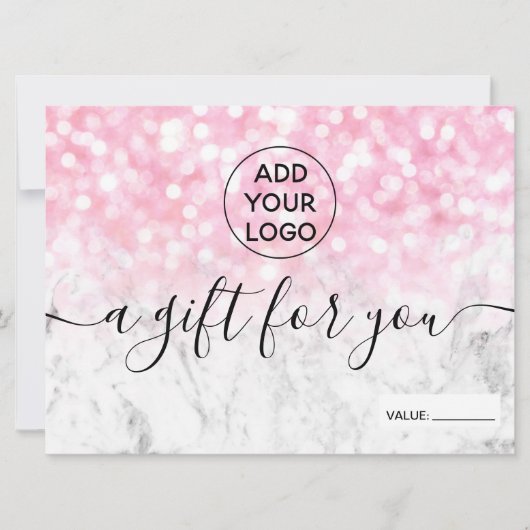 Roze glitter bokeh marmer logo gift certificaat (Voorkant)