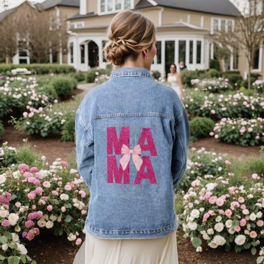 Roze Glitter Boog MAMA Coquette Esthetische Moeder Denim Jacket (Huwelijk Achterkant)