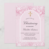 Roze glitter boog meisje gouden kruis doopsel kaart (Voorkant / Achterkant)
