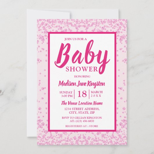 Roze Glitter Border Girly Baby shower nodigt uit Kaart (Voorkant)