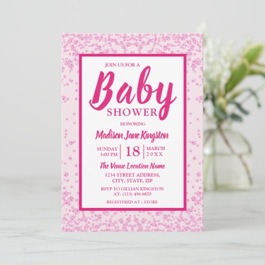 Roze Glitter Border Girly Baby shower nodigt uit Kaart (Staand voorkant)