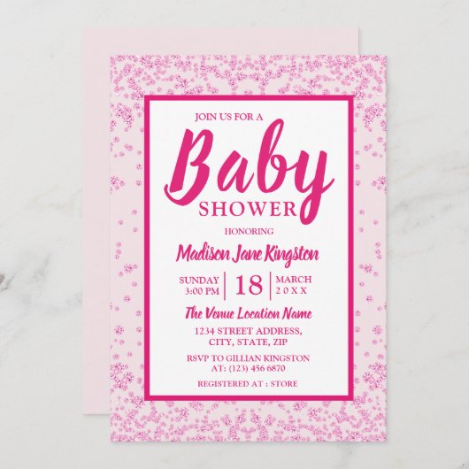Roze Glitter Border Girly Baby shower nodigt uit Kaart (Voorkant / Achterkant)