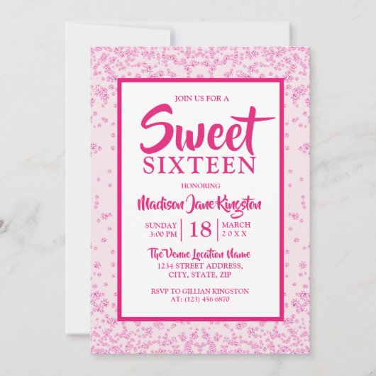 Roze Glitter Border Girly Sweet 16 Party Invite Kaart (Voorkant)