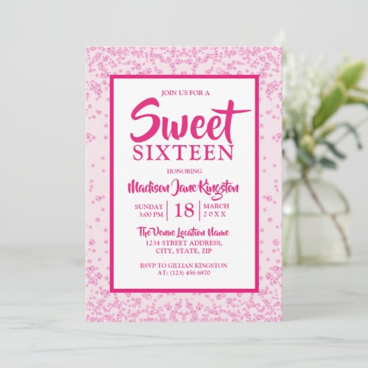 Roze Glitter Border Girly Sweet 16 Party Invite Kaart (Staand voorkant)