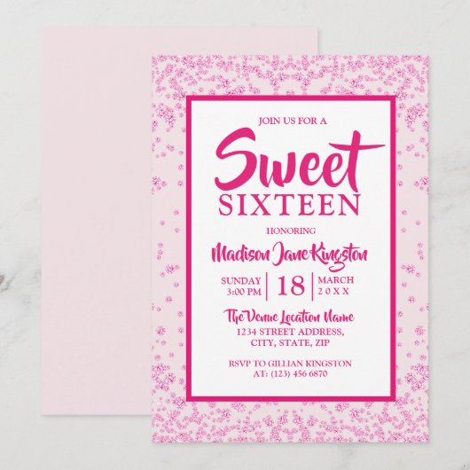 Roze Glitter Border Girly Sweet 16 Party Invite Kaart (Voorkant / Achterkant)