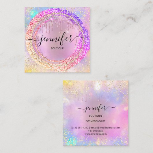 Roze Glitter Boutique Winkeldruppels Roze Holograa Vierkante Visitekaartje (Voorkant / Achterkant)