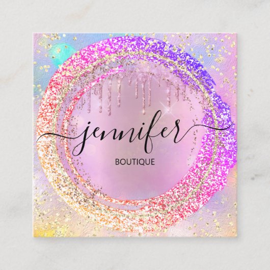 Roze Glitter Boutique Winkeldruppels Roze Holograa Vierkante Visitekaartje (Voorkant)