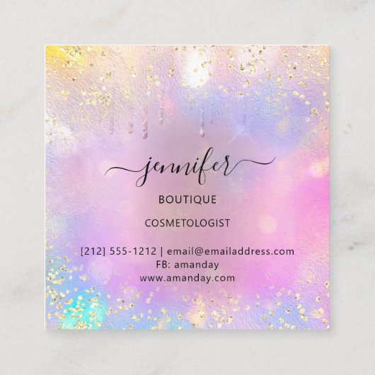 Roze Glitter Boutique Winkeldruppels Roze Holograa Vierkante Visitekaartje (Achterkant)