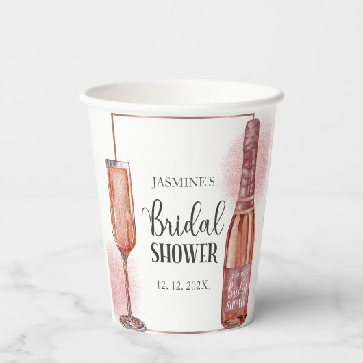 Roze Glitter Bruidsdouche Bloemblaadjes en Prosecc Papieren Bekers (Achterkant)