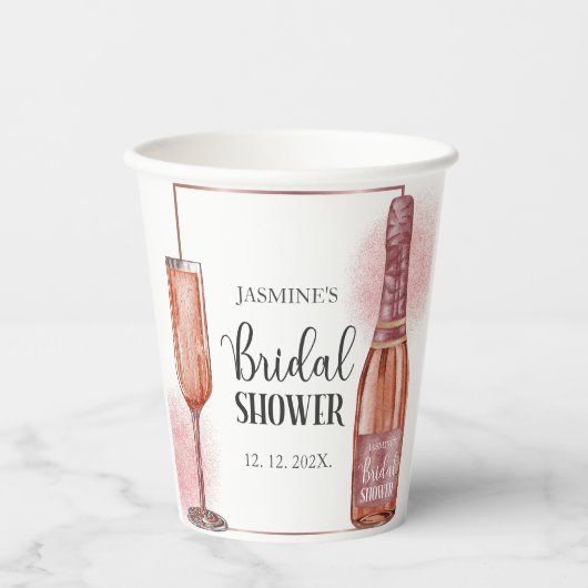 Roze Glitter Bruidsdouche Bloemblaadjes en Prosecc Papieren Bekers (Voorkant)