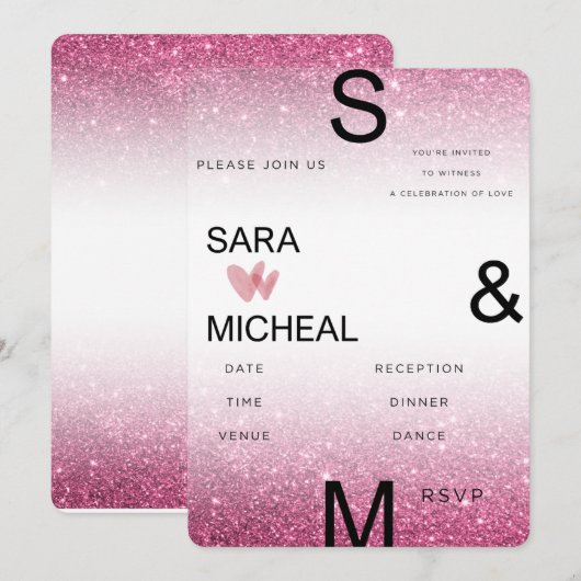 Roze Glitter Bruiloftsinvatie – Modern Minimalisme Kaart (Voorkant / Achterkant)