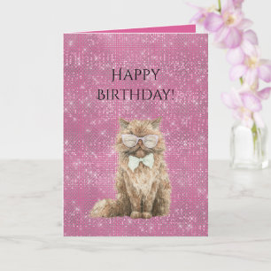 Roze Glitter Bruine Coole Kat Bril Verjaardag Kaart