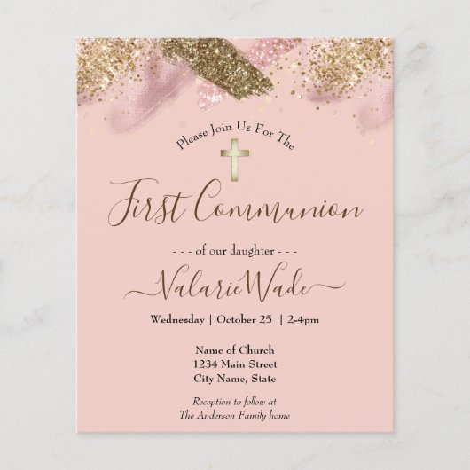 Roze Glitter Budget Eerste Communie Flyer (Voorkant)