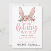 Roze Glitter Bunny Bloemen Eerste Verjaardagsfeest Kaart (Voorkant)