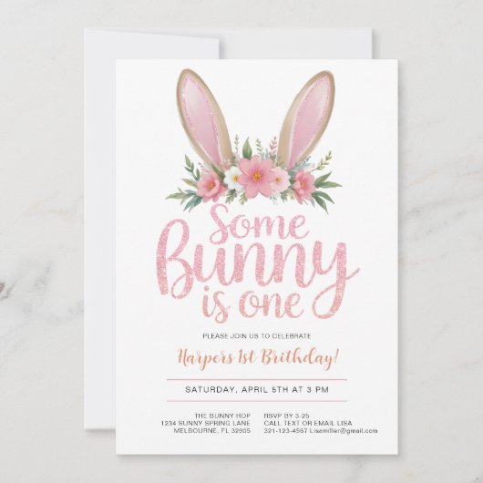 Roze Glitter Bunny Bloemen Eerste Verjaardagsfeest Kaart (Voorkant)