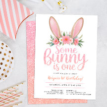Roze Glitter Bunny Bloemen Eerste Verjaardagsfeest
