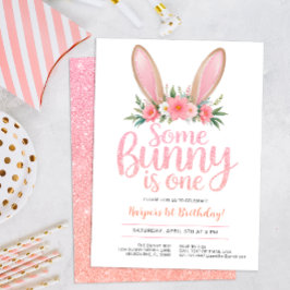 Roze Glitter Bunny Bloemen Eerste Verjaardagsfeest Kaart