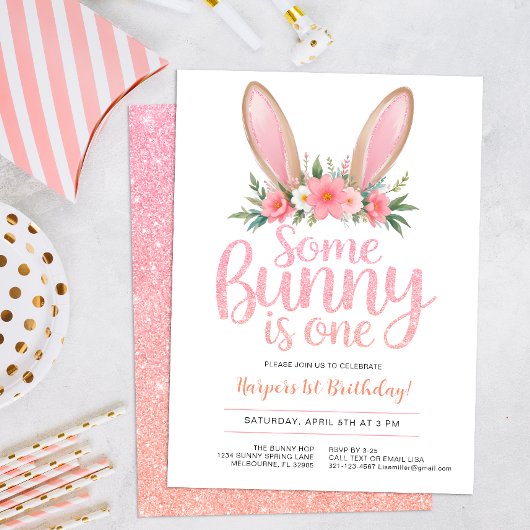 Roze Glitter Bunny Bloemen Eerste Verjaardagsfeest Kaart