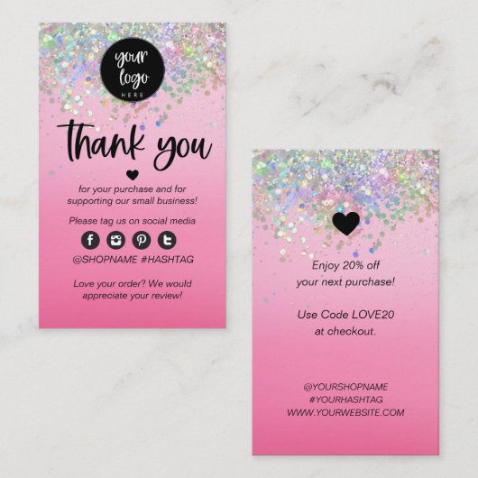 Roze Glitter Business Hartelijk dank voor het invo Visitekaartje (Voorkant / Achterkant)