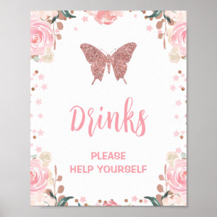 Roze Glitter Butterfly Drink Verjaardagsfeest Teke Poster