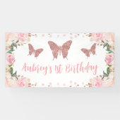 Roze glitter Butterfly Verjaardag Achtergrond Bann Spandoek (Horizontaal)