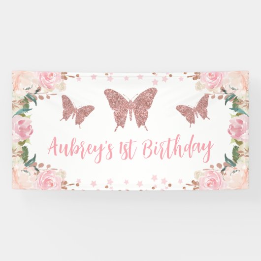 Roze glitter Butterfly Verjaardag Achtergrond Bann Spandoek (Horizontaal)