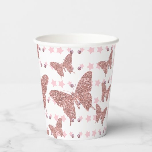 Roze glitter Butterfly Verjaardag Papier Cup Papieren Bekers (Achterkant)