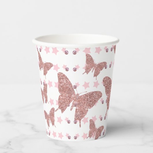 Roze glitter Butterfly Verjaardag Papier Cup Papieren Bekers (Voorkant)