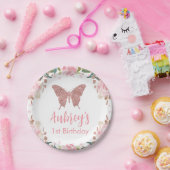 Roze glitter Butterfly Verjaardagspapier Bord (Feest)