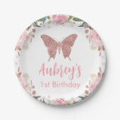 Roze glitter Butterfly Verjaardagspapier Bord (Voorkant)
